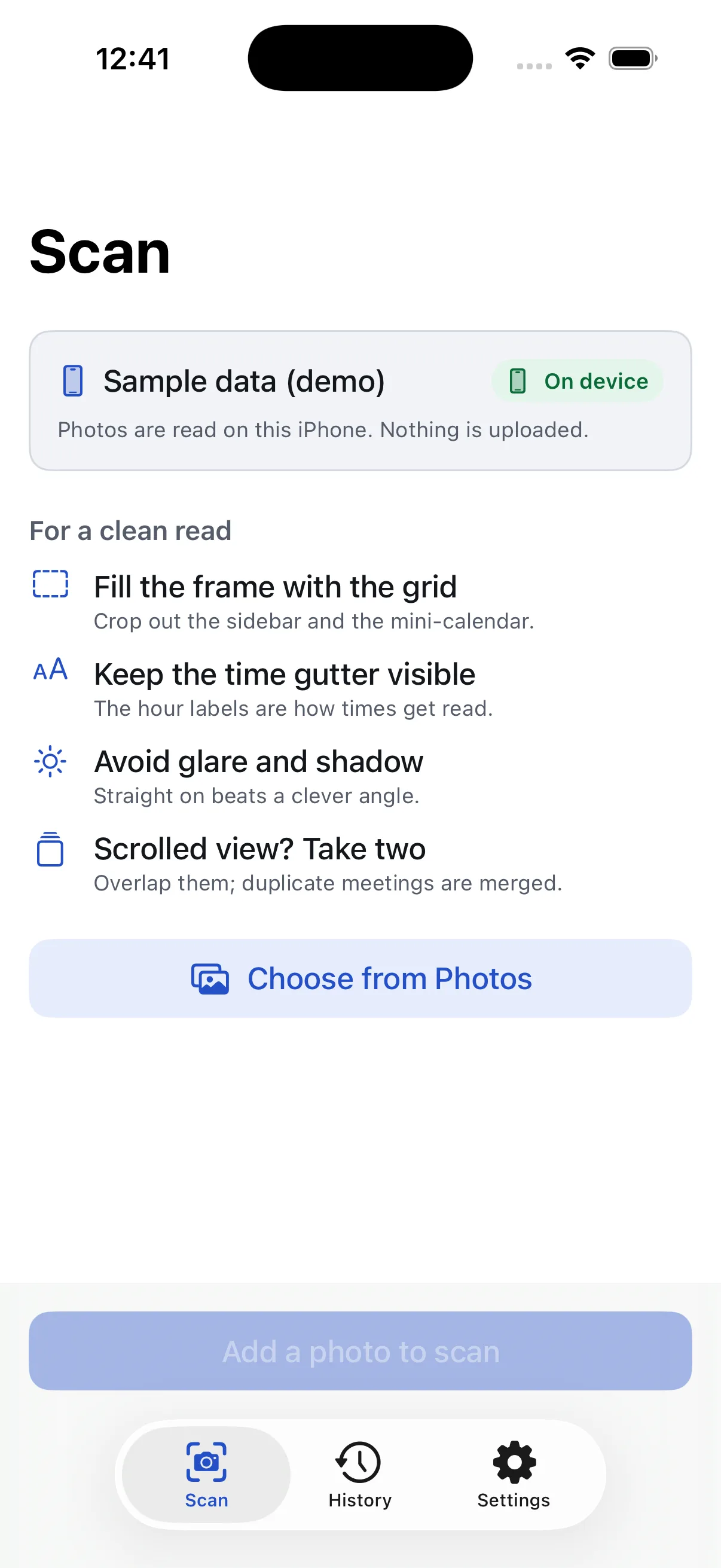 The Scan screen, showing the current reader and four tips for a clean read: fill the frame with the grid, keep the time gutter visible, avoid glare and shadow, and take two photos of a scrolled view.