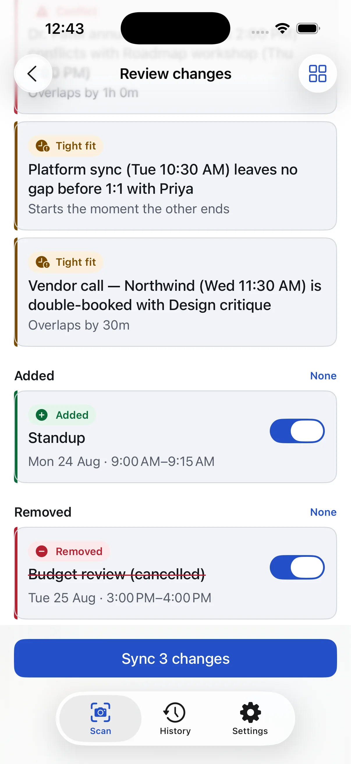 The review list showing an Added row for Standup on Monday 9:00 AM and a Removed row striking through Budget review (cancelled) on Tuesday, each with its own toggle.