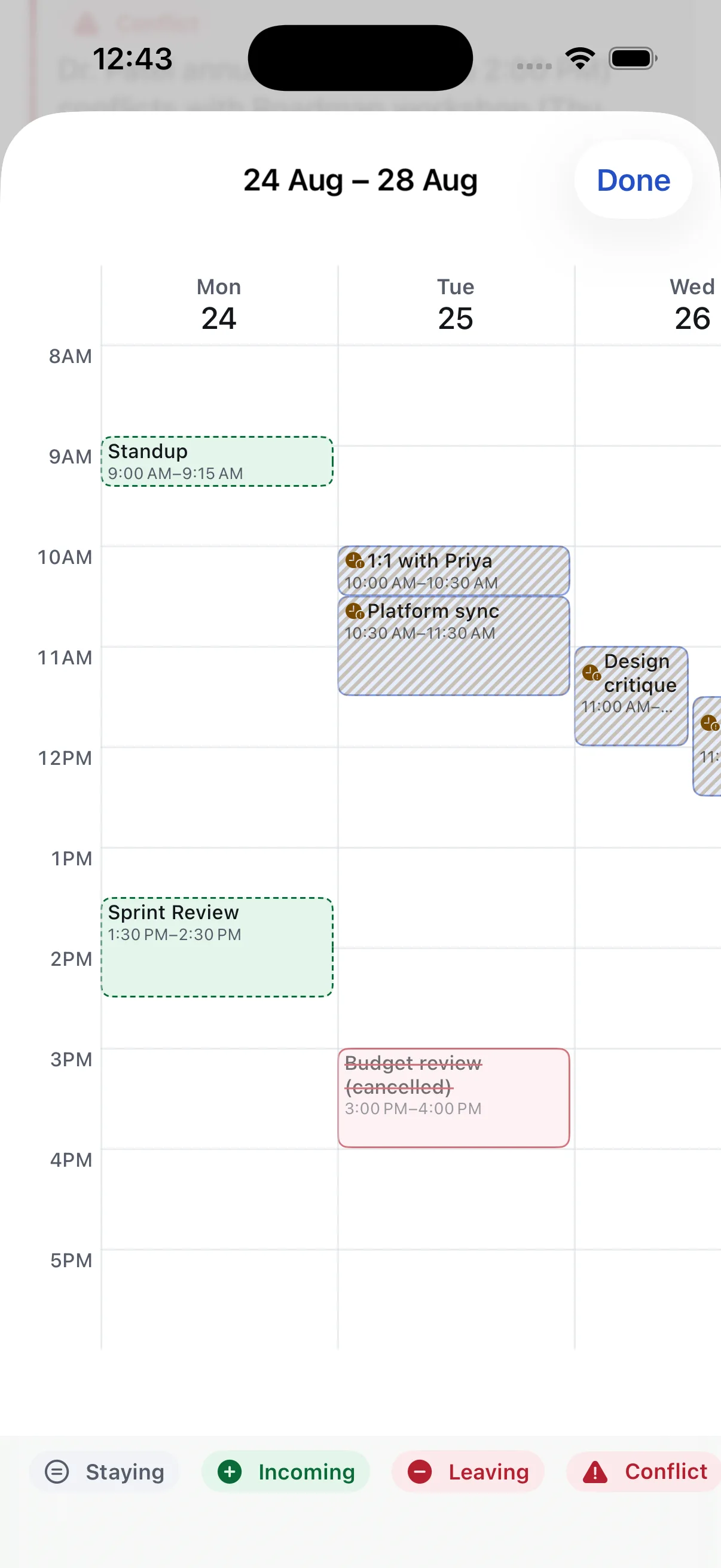 The week grid preview: incoming events outlined in dashed green, a removed event struck through in red, and conflicted blocks covered in diagonal stripes, with a legend reading Staying, Incoming, Leaving, Conflict.